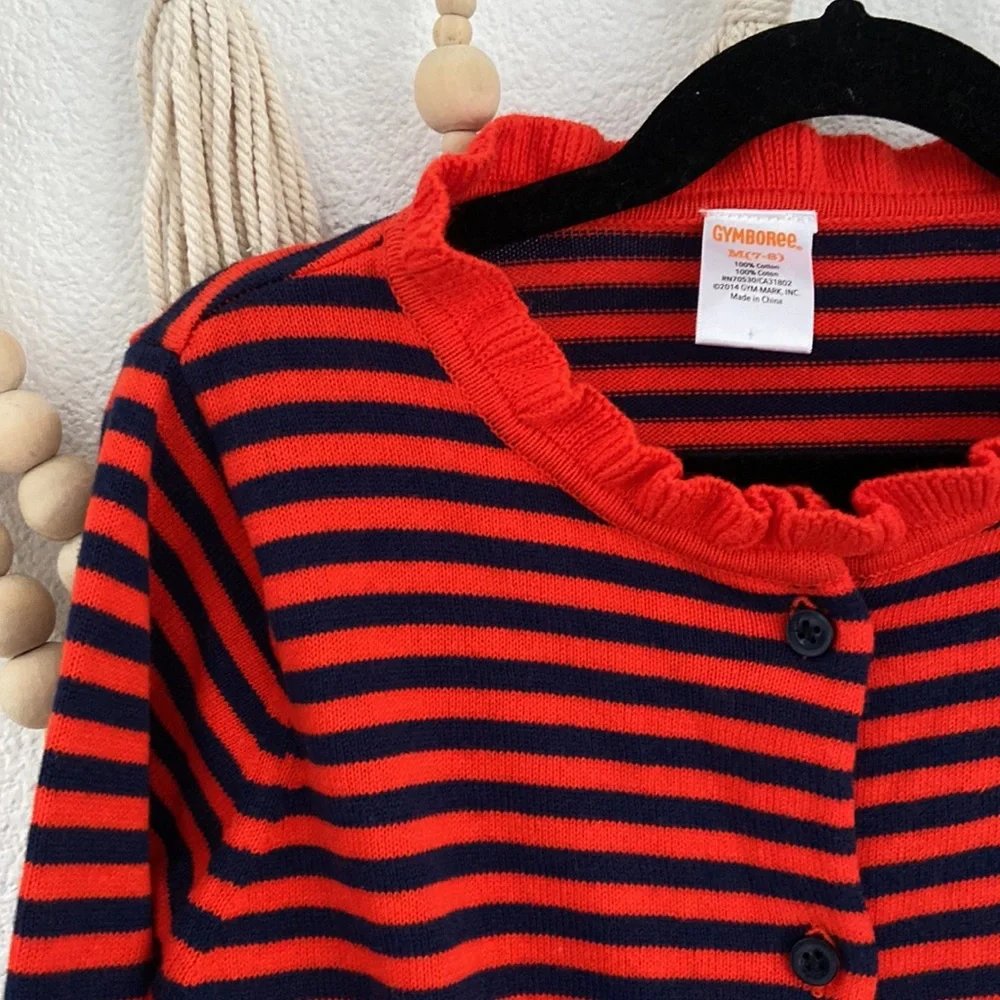 Gymboree girls striped sweater orange red and navy blue ruffle neck size M 7/8